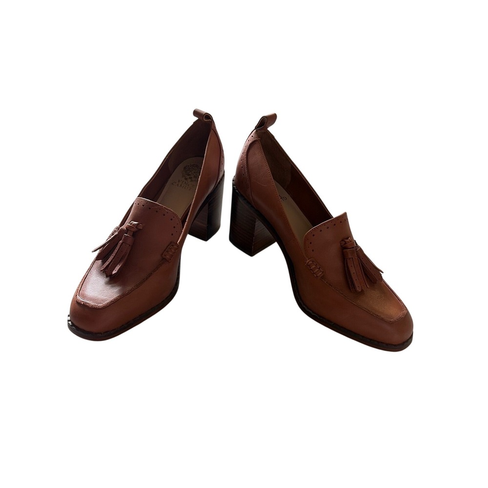Vince Camuto Brown Leather Tassel Block Heel Loafers